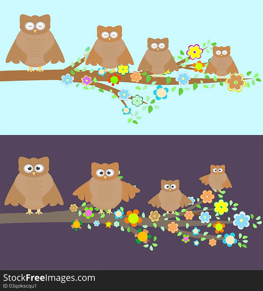 Family of owls sitting on a branch. Two variations