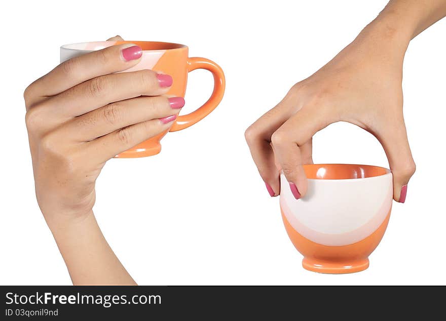 Two hand carrying the cup isolated on white background