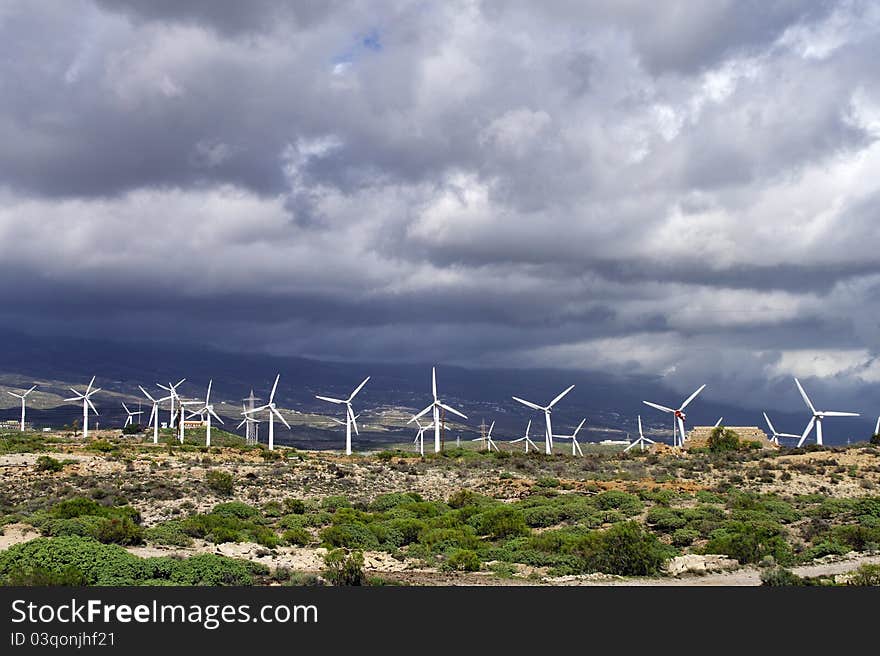 Wind turbines generating electricity in tenerife, canary islands