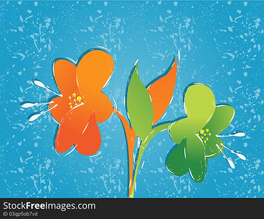 Floral Background, two simple flowers on blue background.