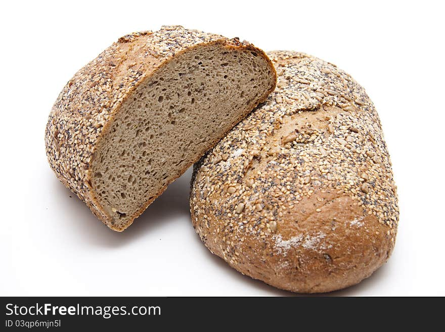 More grain bread baked and on white background