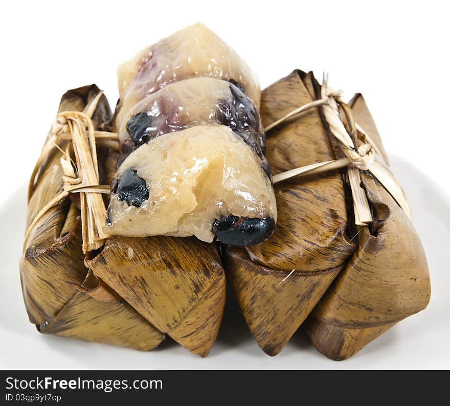 Close up Sweet sticky rice, it is made from glutinous rice cooked in coconut milk, and often steamed in banana leaves.