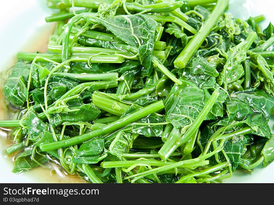 Close up stir-fried vegetables(Melientha suavis Pierre).