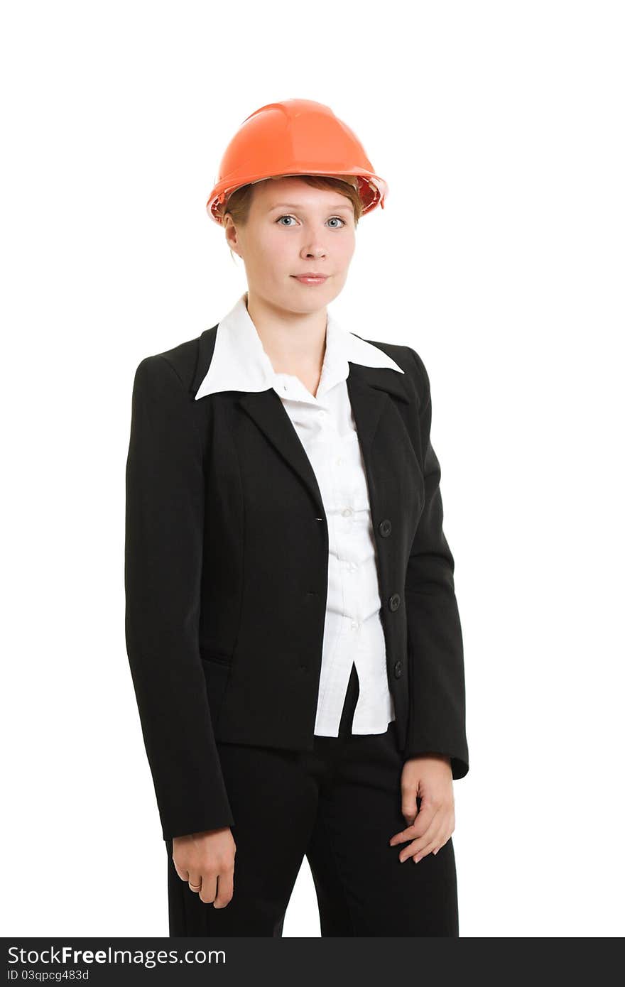 Businesswoman in a helmet on a white background. Businesswoman in a helmet on a white background.