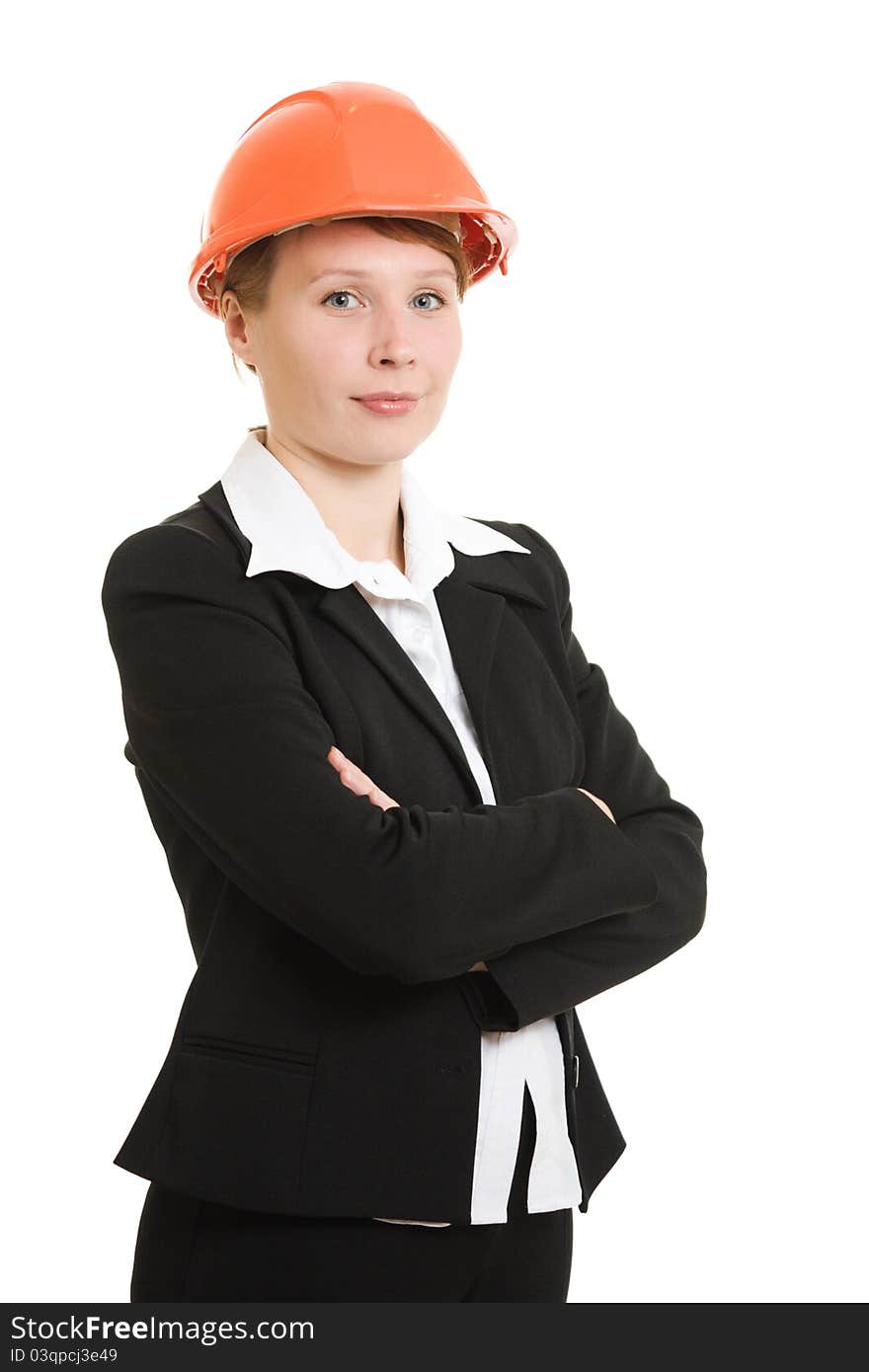 Businesswoman in a helmet on a white background. Businesswoman in a helmet on a white background.