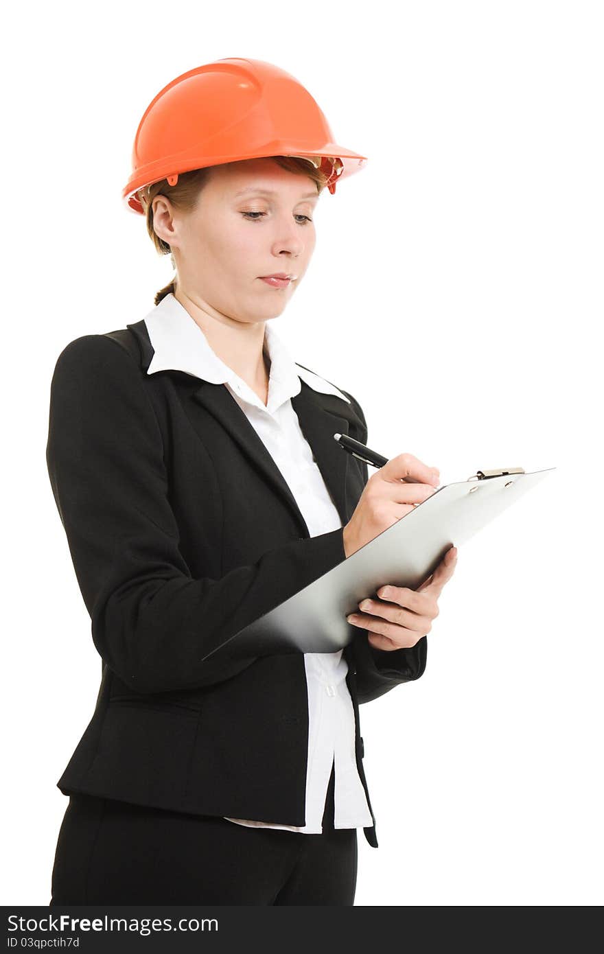 Businesswoman in a helmet on a white background. Businesswoman in a helmet on a white background.