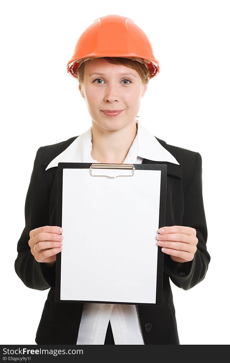 Businesswoman in a helmet shows the blank page on a white background. Businesswoman in a helmet shows the blank page on a white background.