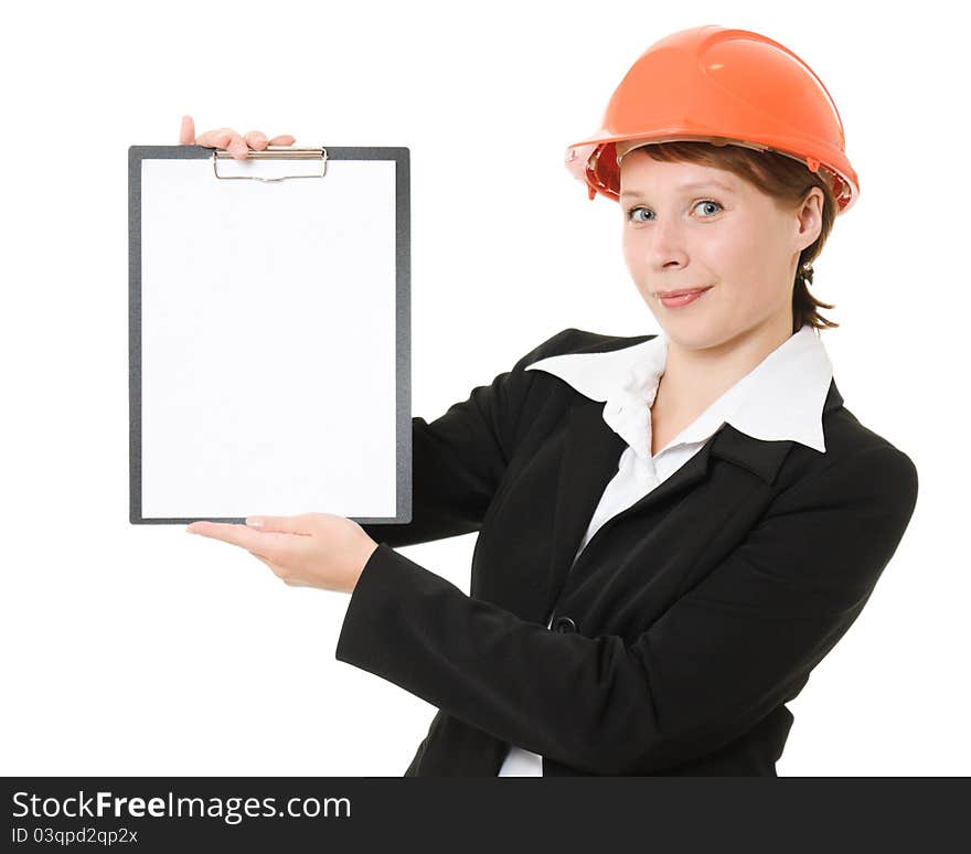 Businesswoman in a helmet shows the blank page on a white background. Businesswoman in a helmet shows the blank page on a white background.