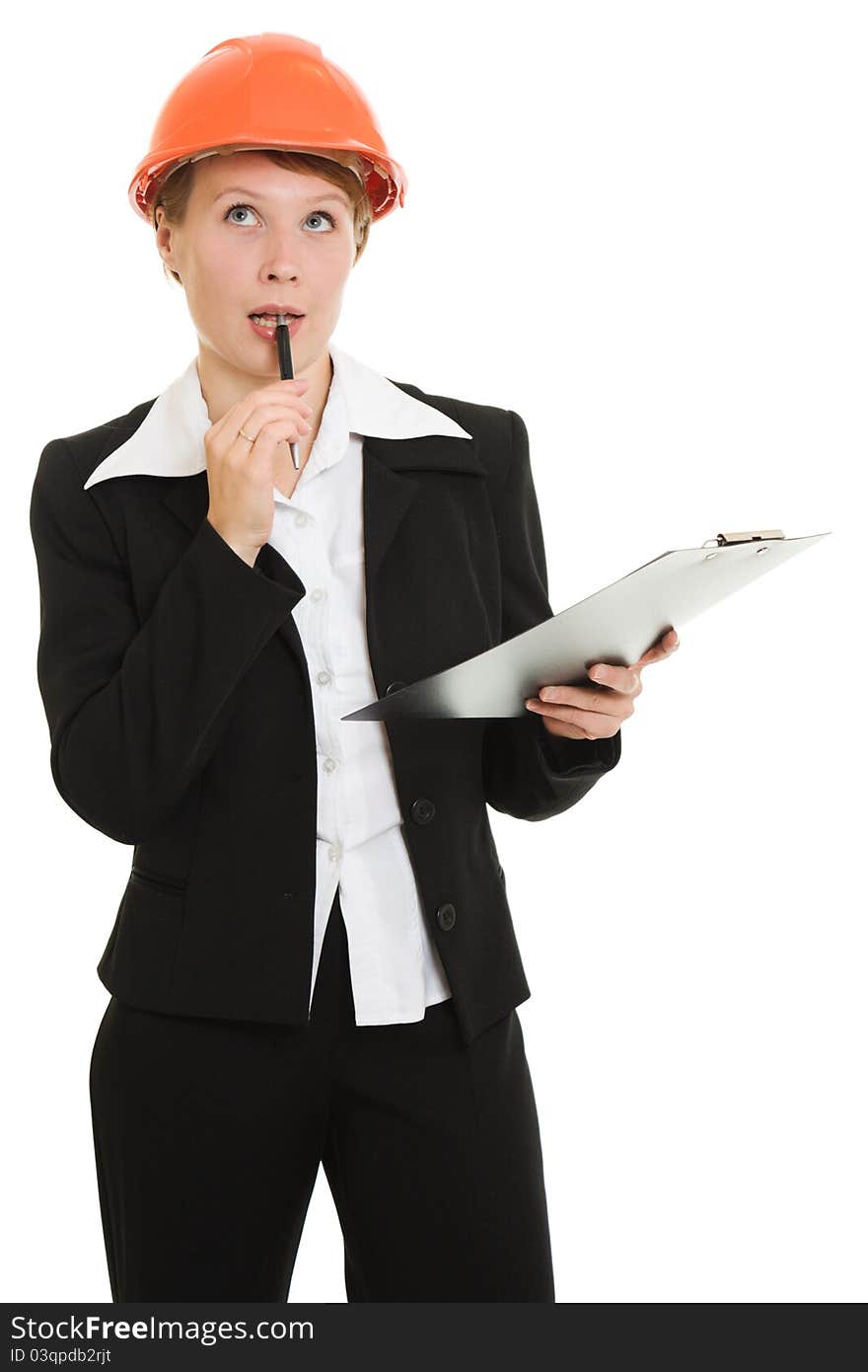 Thinking businesswoman in a helmet on a white background.