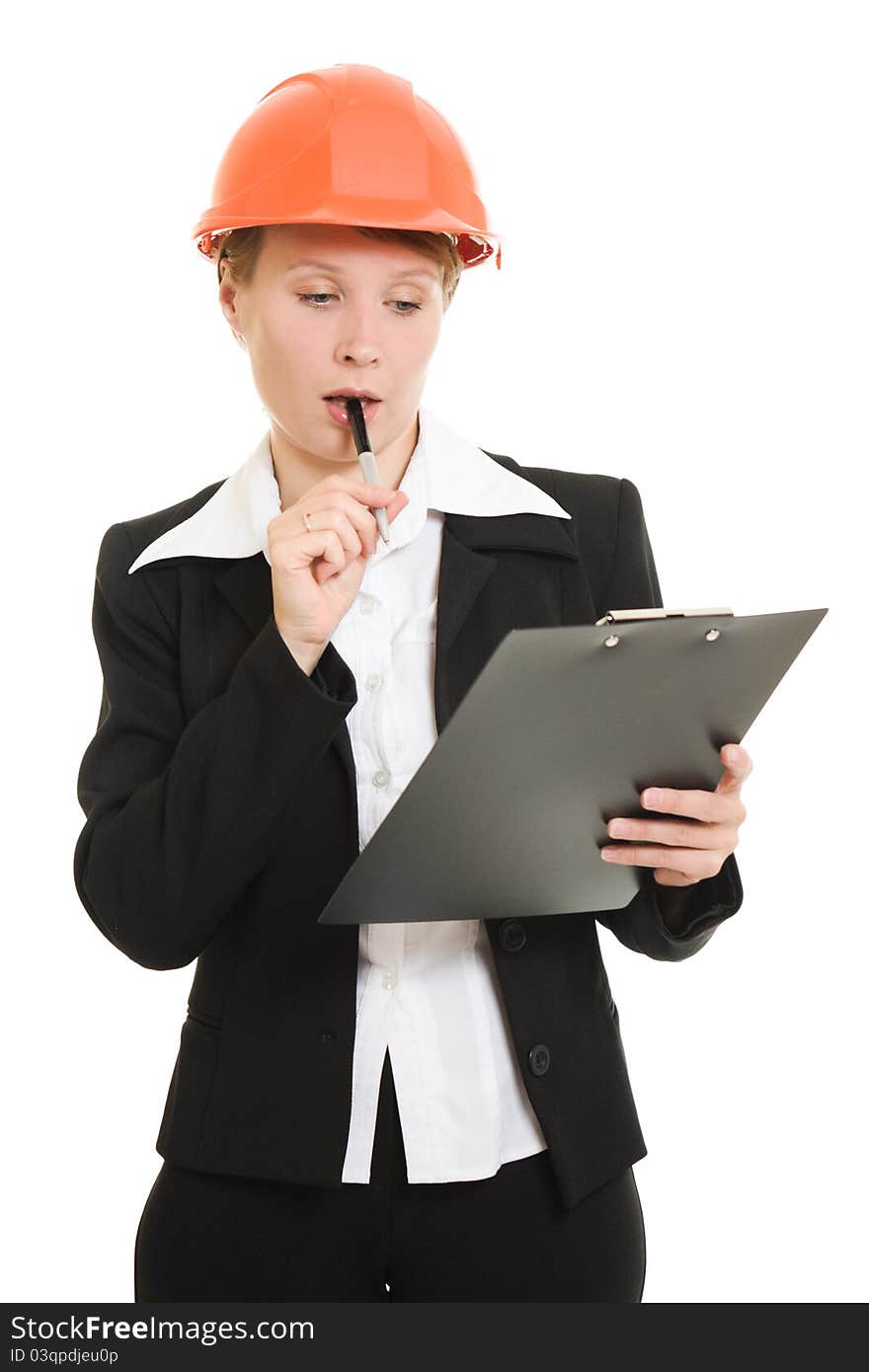 Thinking businesswoman in a helmet on a white background.