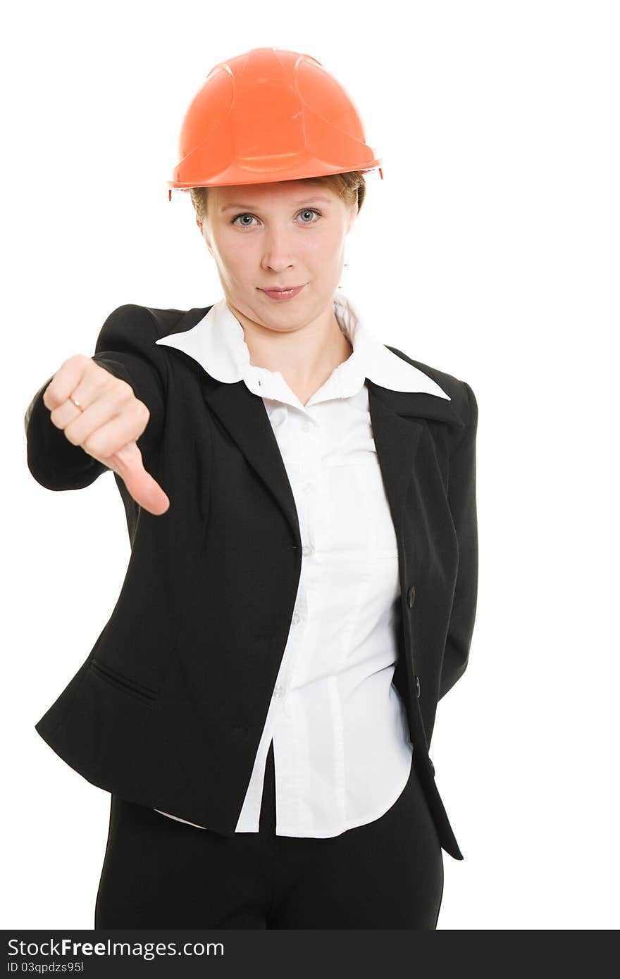 Businesswoman in a helmet on a white background.