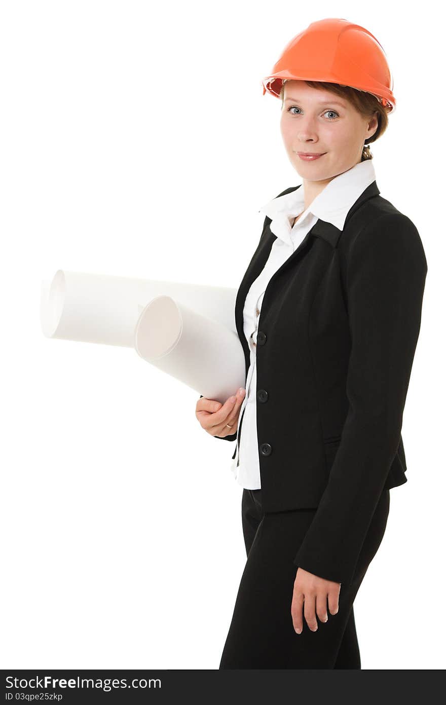 Businesswoman in a helmet with drawings on a white background.