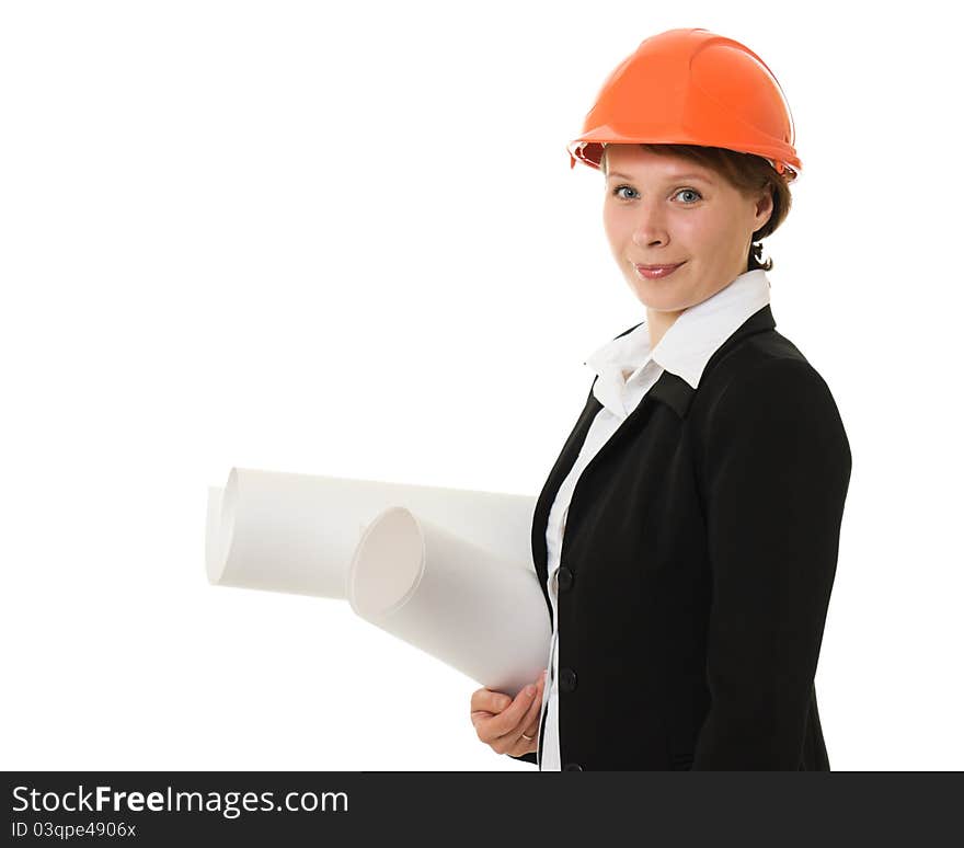 Businesswoman in a helmet with drawings on a white background. Businesswoman in a helmet with drawings on a white background.