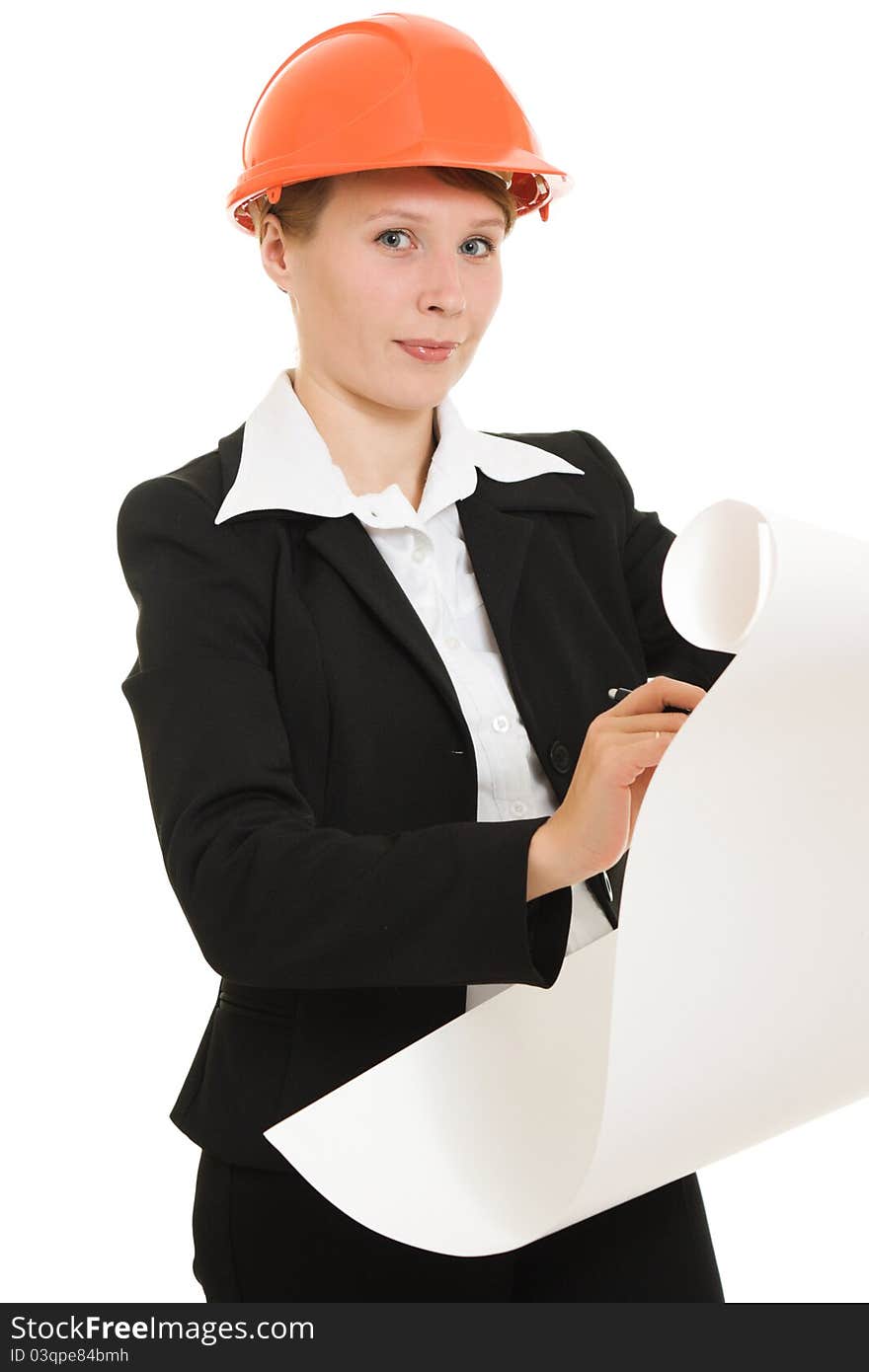 Businesswoman in a helmet with drawings on a white background.