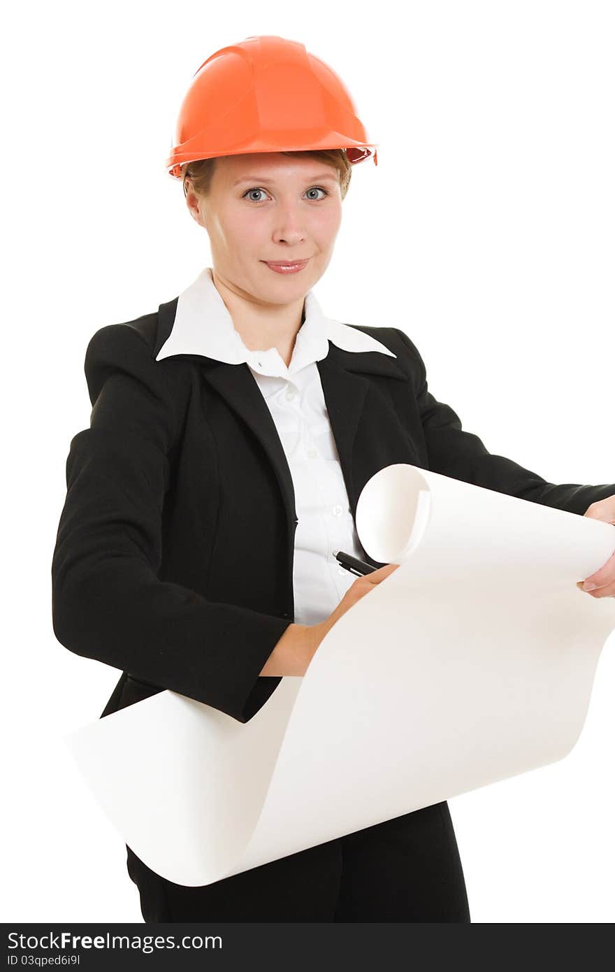 Businesswoman in a helmet on a white background. Businesswoman in a helmet on a white background.