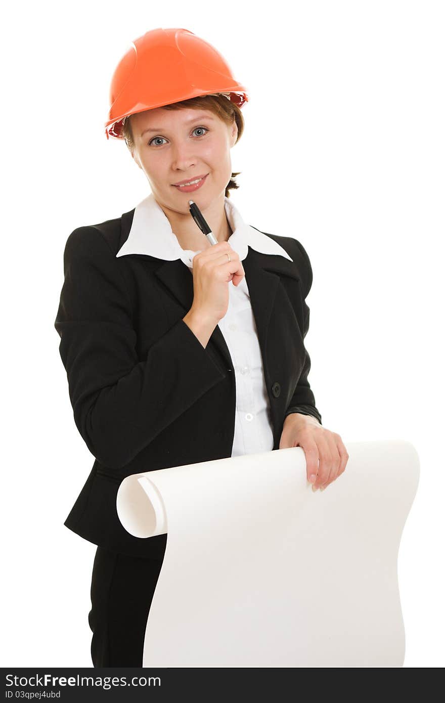 Businesswoman in a helmet on a white background.