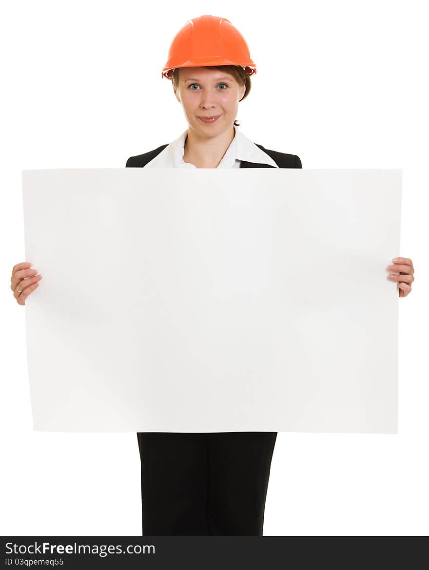 Businesswoman in a helmet shows the blank page on a white background. Businesswoman in a helmet shows the blank page on a white background.