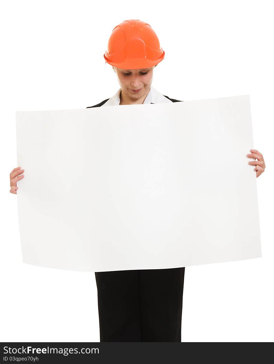 Businesswoman in a helmet shows the blank page on a white background. Businesswoman in a helmet shows the blank page on a white background.