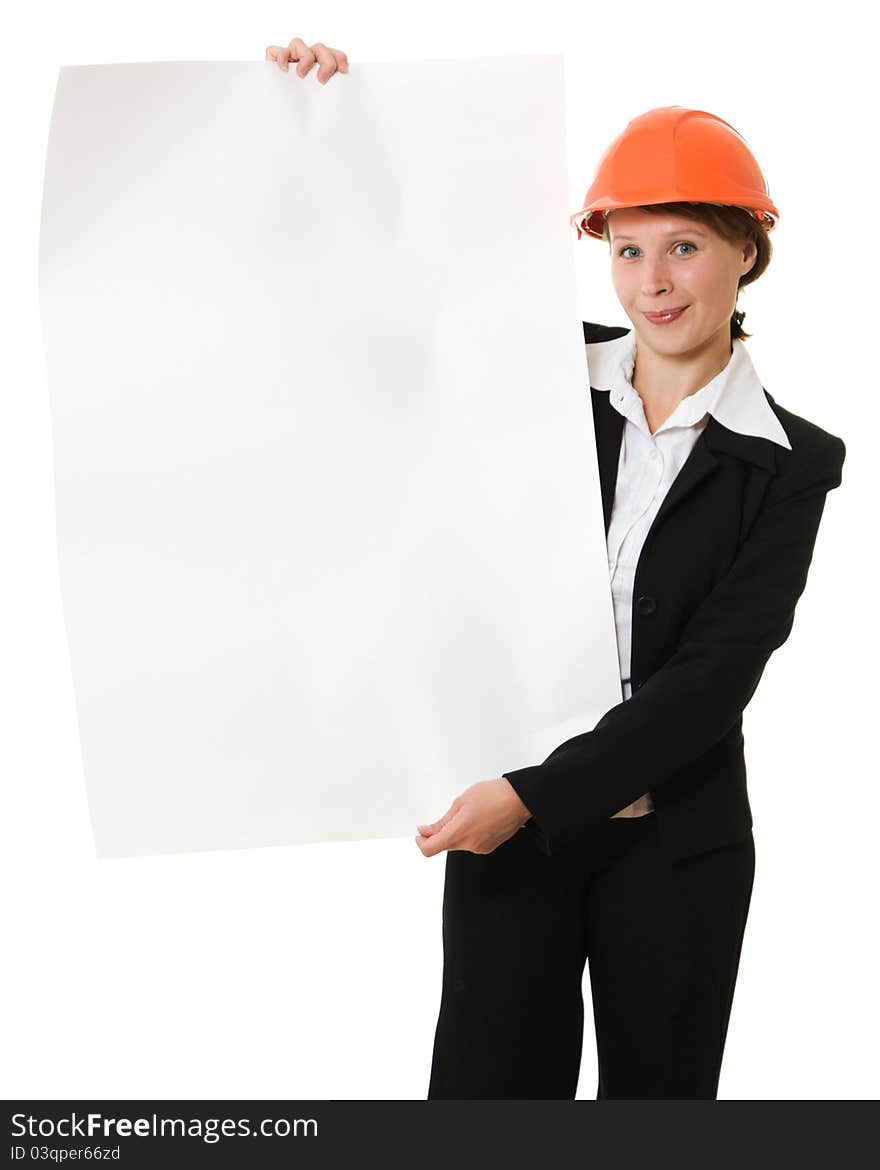 Businesswoman in a helmet shows the blank page on a white background. Businesswoman in a helmet shows the blank page on a white background.