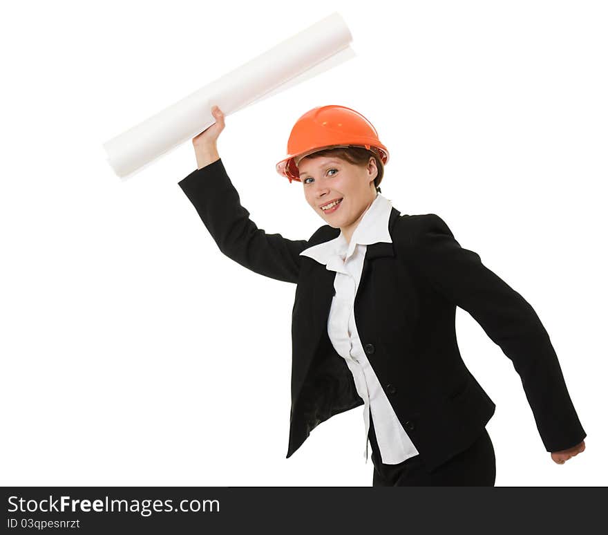 Businesswoman in a helmet with drawings on a white background.