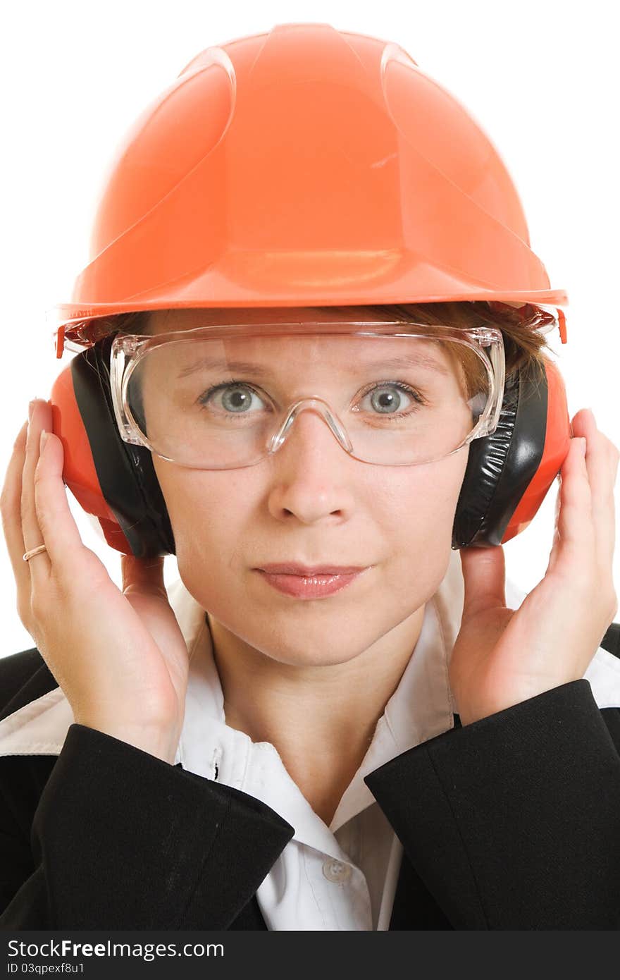 Businesswoman in a helmet on a white background.