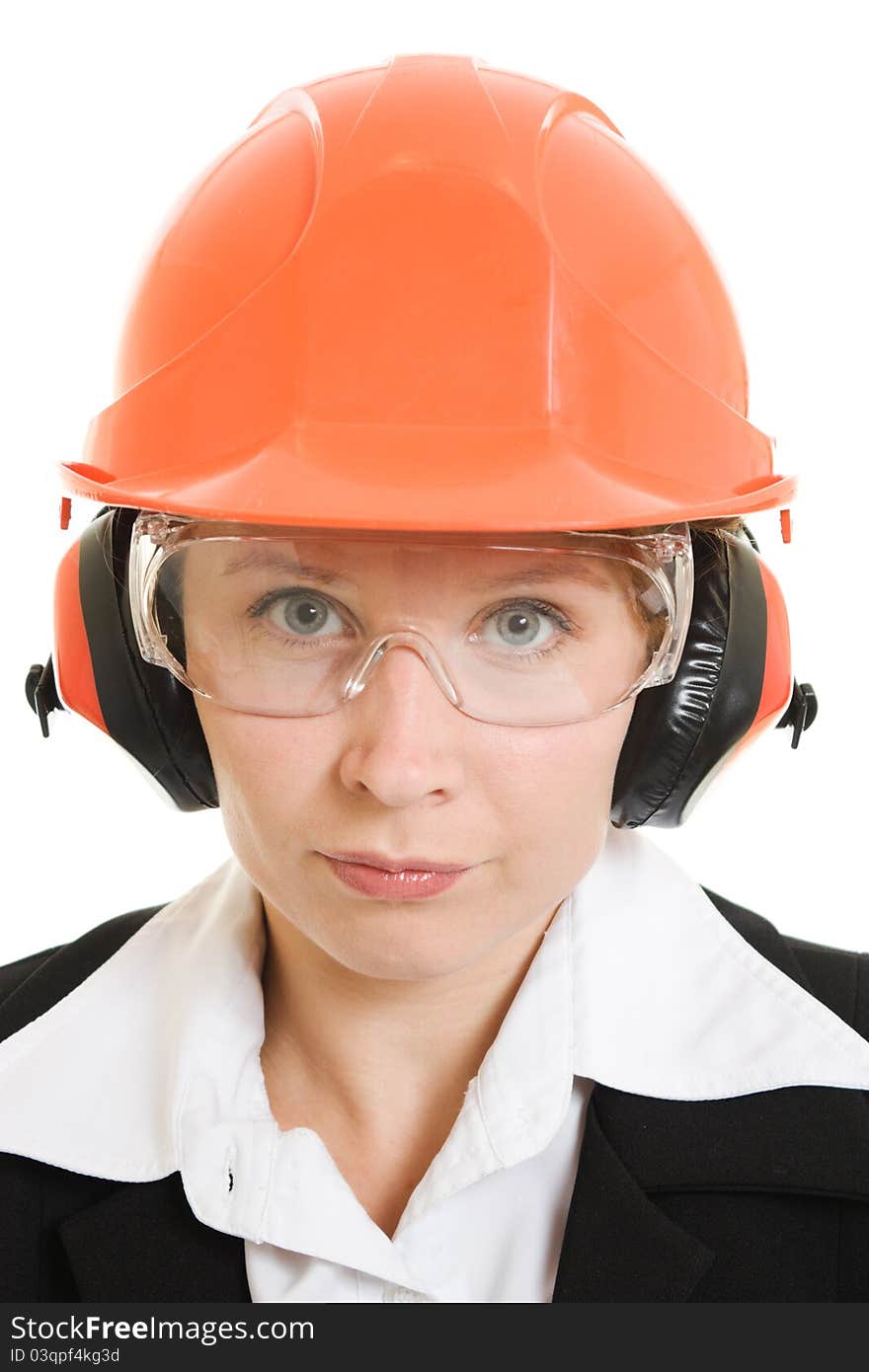 Businesswoman in a helmet on a white background.