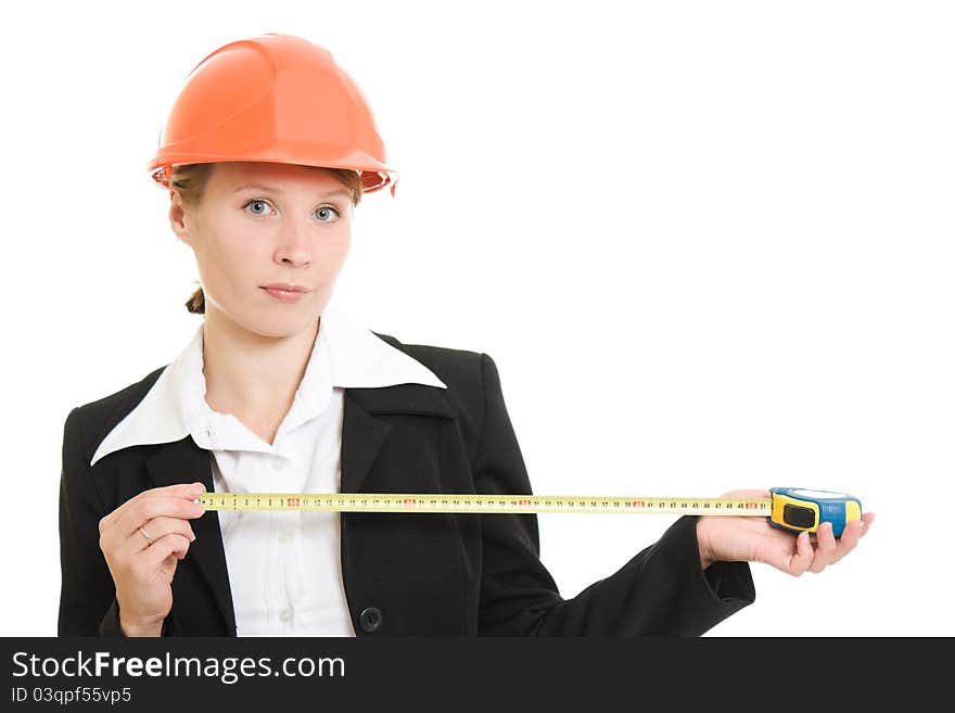 Businesswoman in a helmet on a white background. Businesswoman in a helmet on a white background.