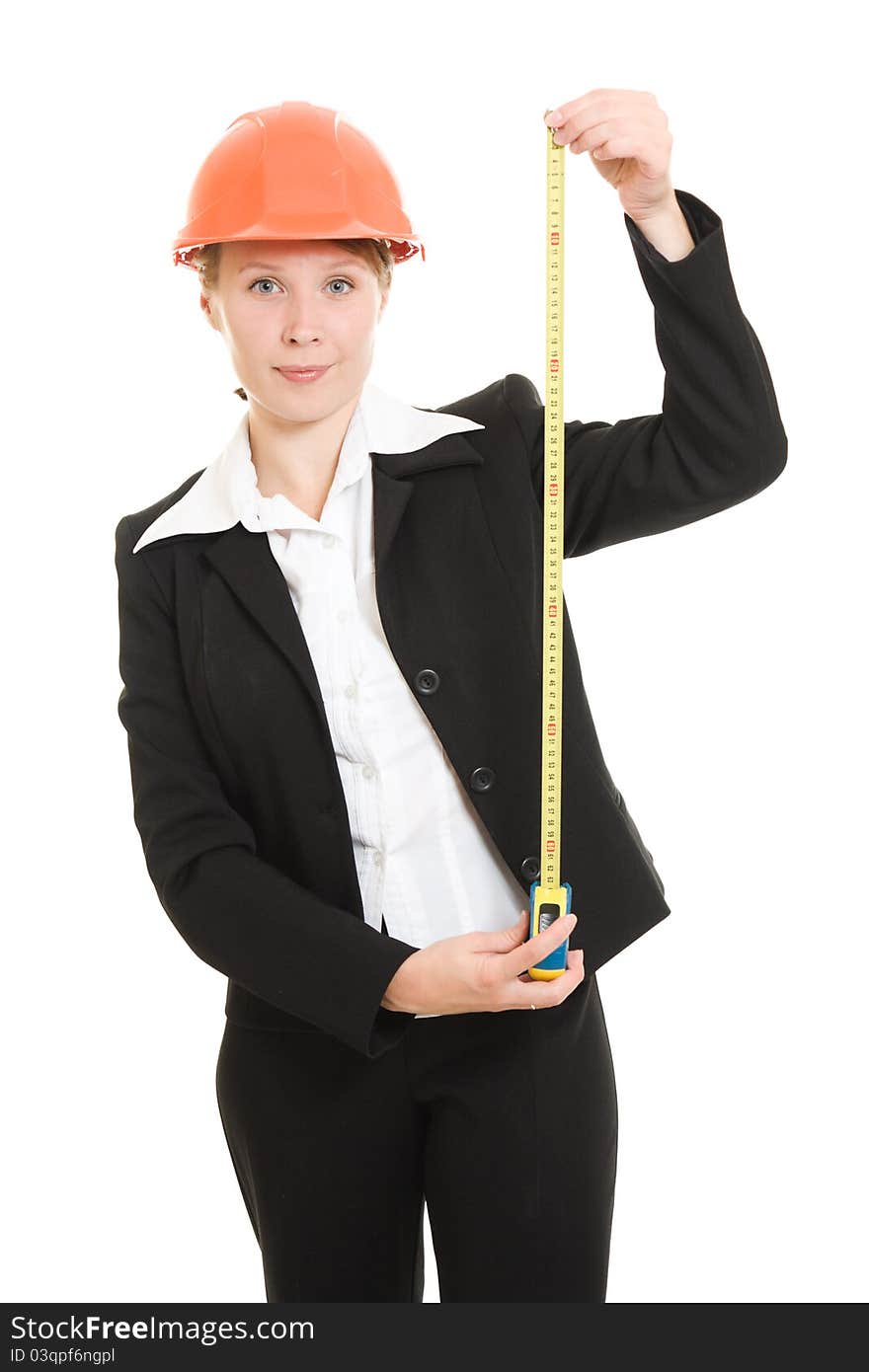 Businesswoman in a helmet on a white background. Businesswoman in a helmet on a white background.