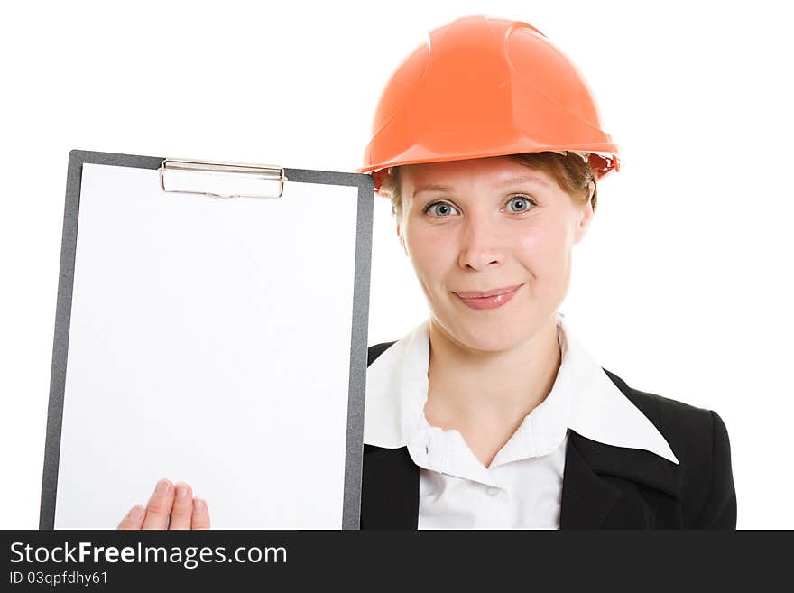 Businesswoman in a helmet shows the blank page.