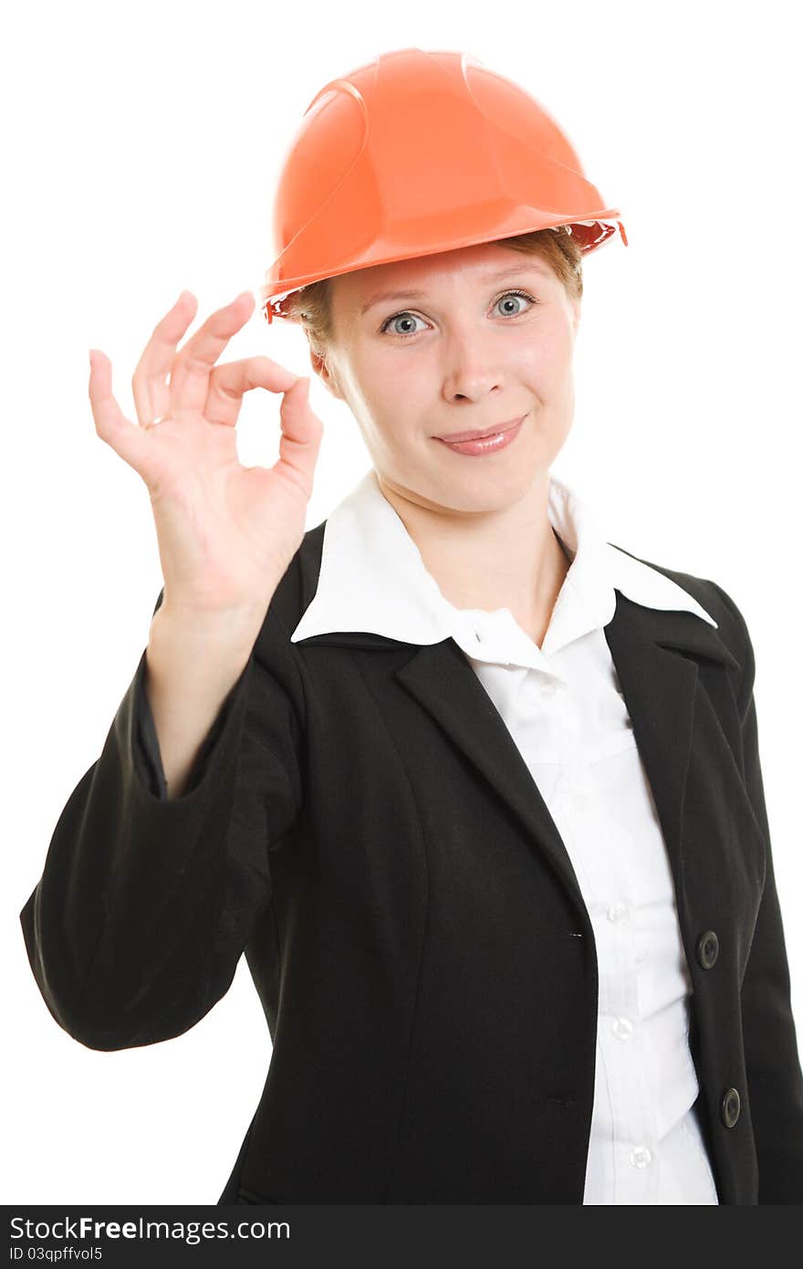 Happy businesswoman in a helmet