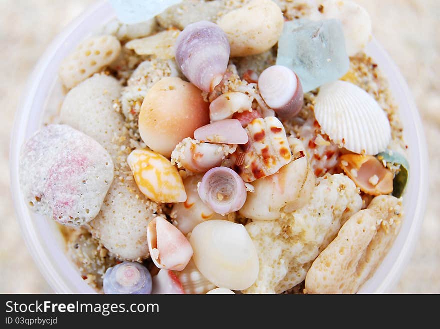 Colorful shells with sand in a cup. Colorful shells with sand in a cup