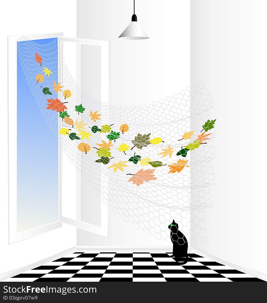 In an empty white room is black cat, wind moving into the room the fallen autumn leaves. In an empty white room is black cat, wind moving into the room the fallen autumn leaves