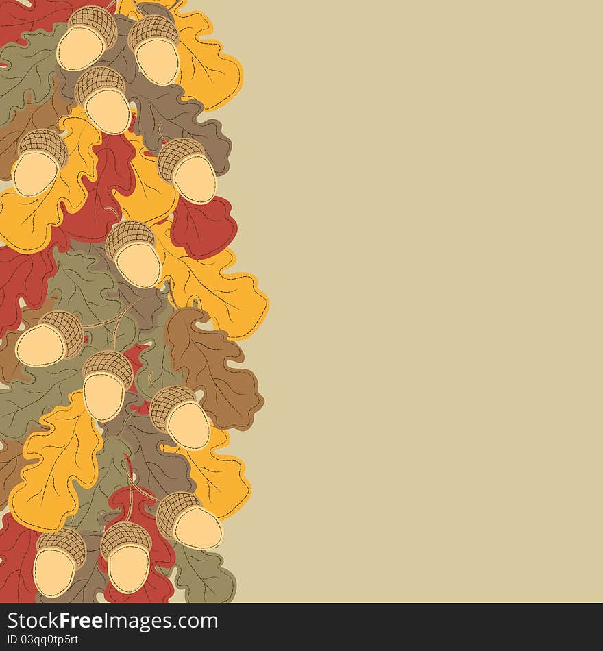 Autumn background. Multi-colored oak leaves and acorns.