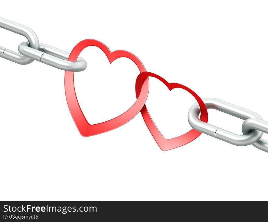 Steel Chain With Two Joined Red Hearts