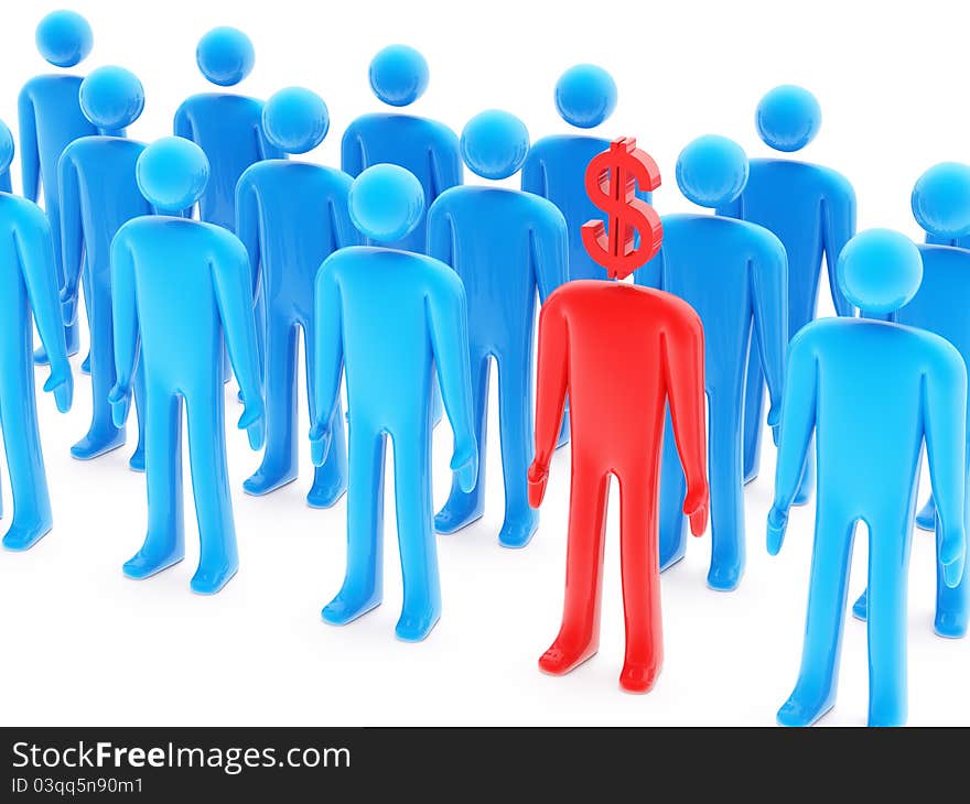 One dollar-shaped red figure between many blue peoples on white background