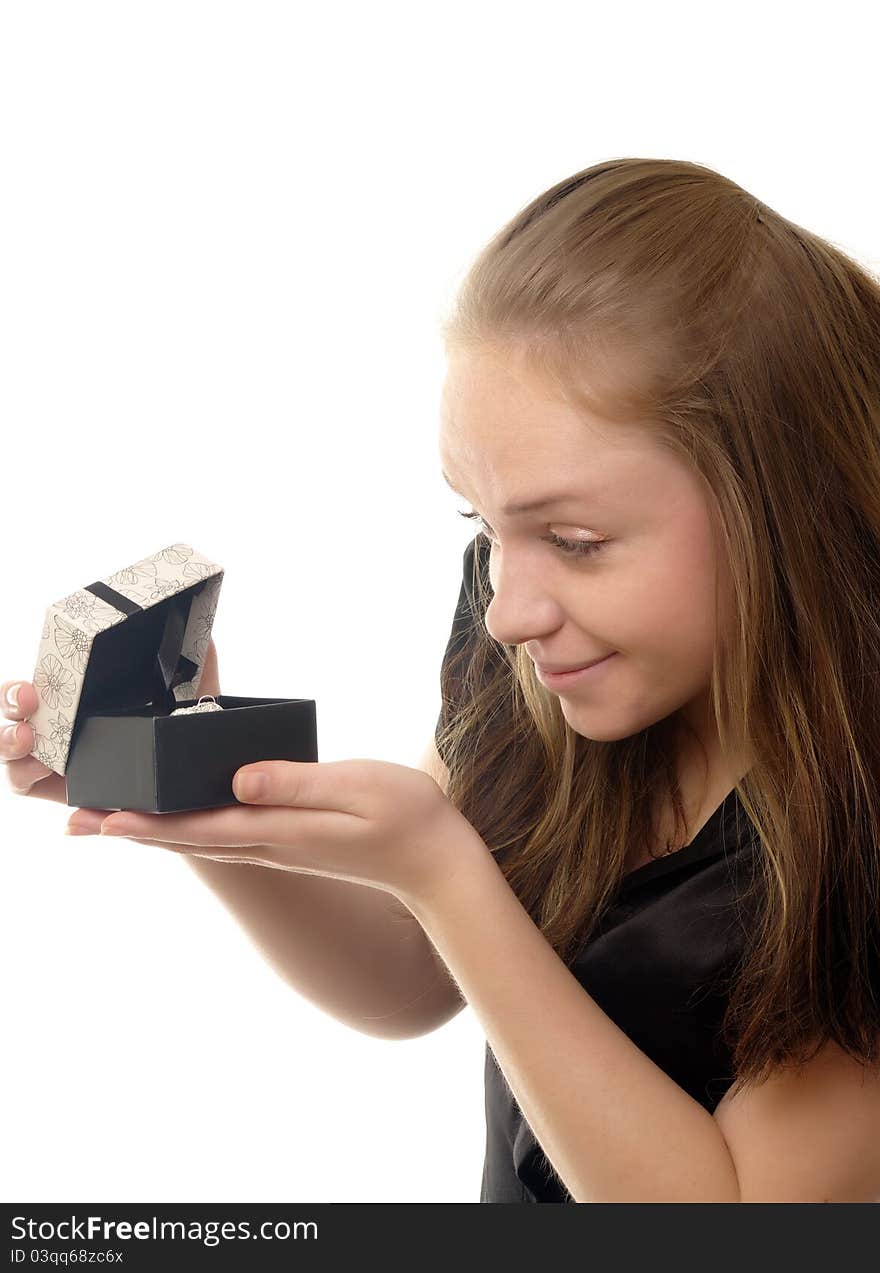 Girl with present jewelry gift box