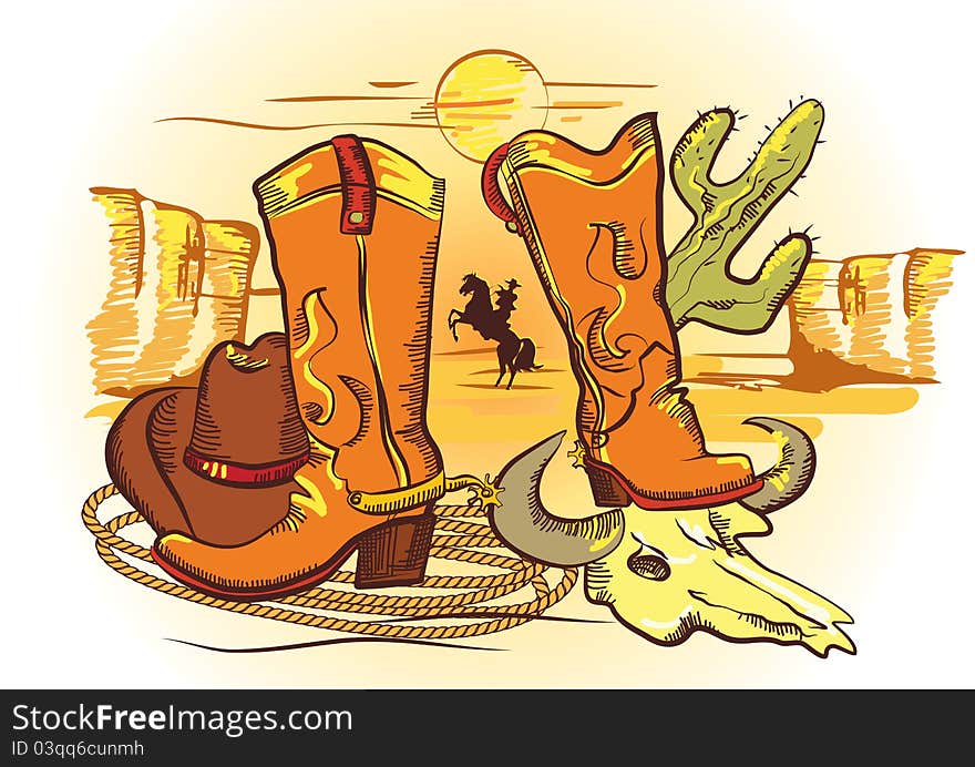 Cowboy elements with rope and shoes.