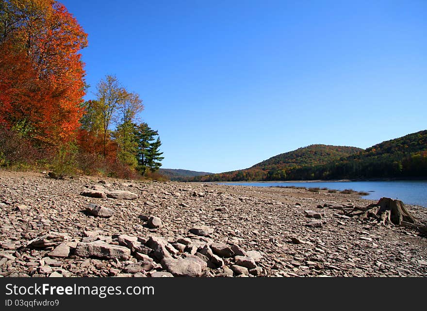 Allegheny river shore and colorful fall trees. Allegheny river shore and colorful fall trees