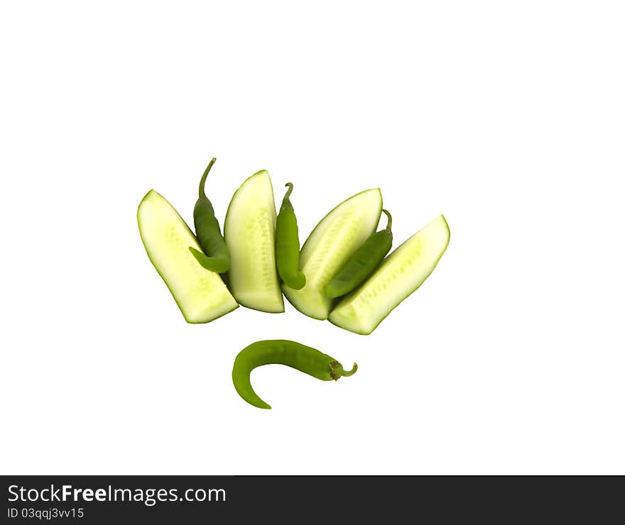 Sliced cucumber and green chilli pepper on the white background. Sliced cucumber and green chilli pepper on the white background