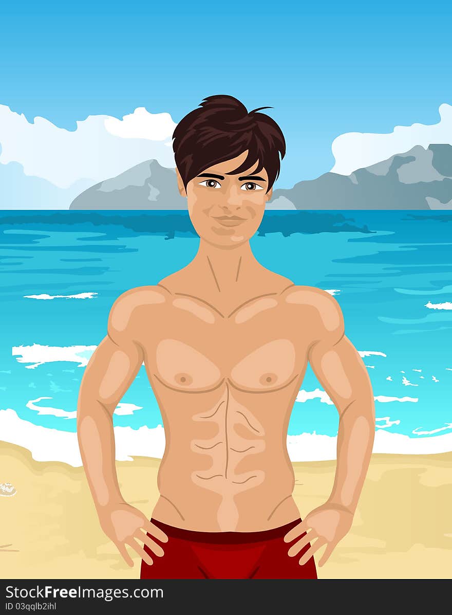 Brawny man on beach