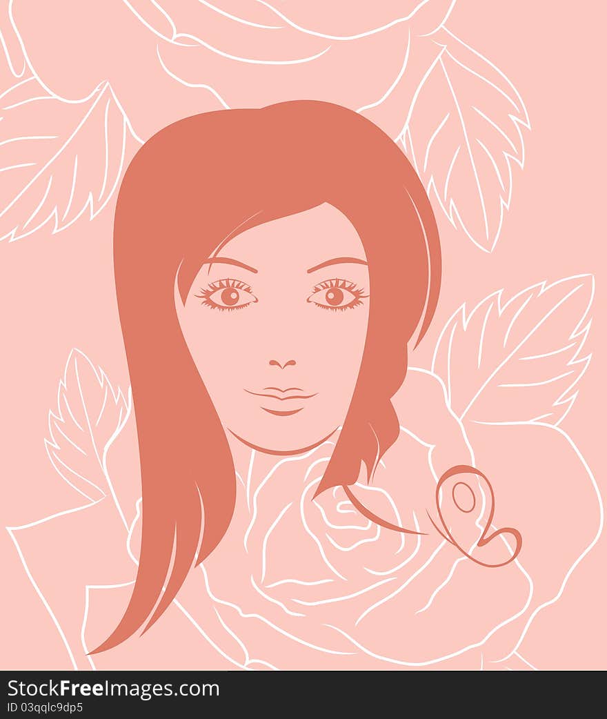 Girl Face Portrait On Rose Background