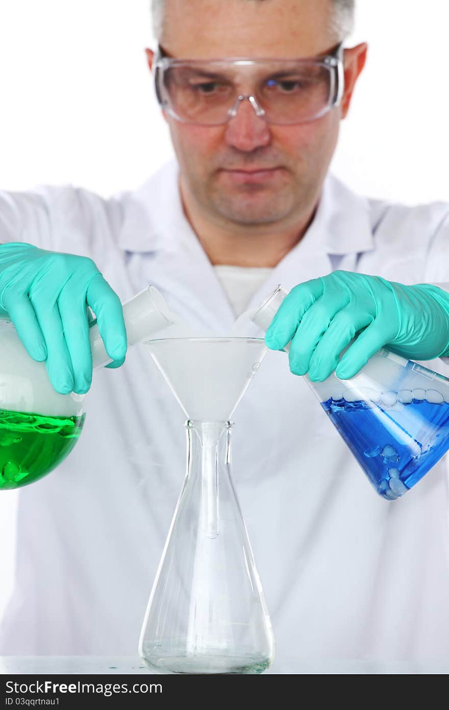 Chemistry Scientist conducting experimants on white background