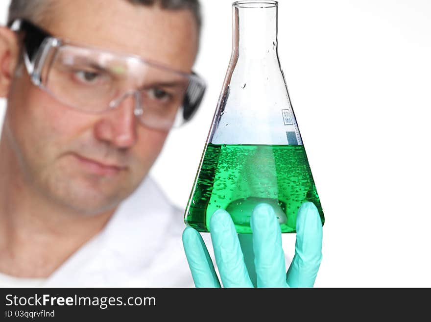 Chemistry Scientist conducting experimants on white background