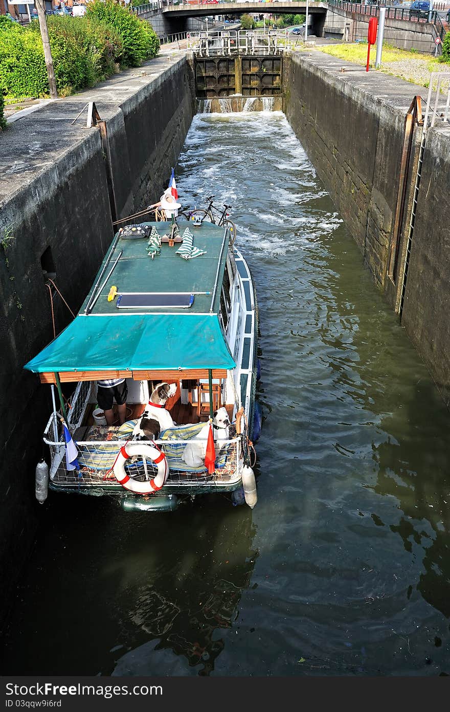 Passage of a boat at a lock. Passage of a boat at a lock