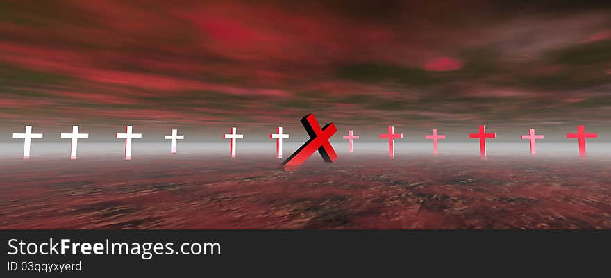 Cross red and white and landscape