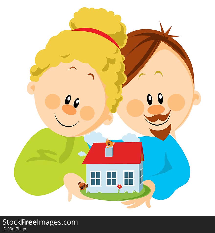 Young couple with house in hands