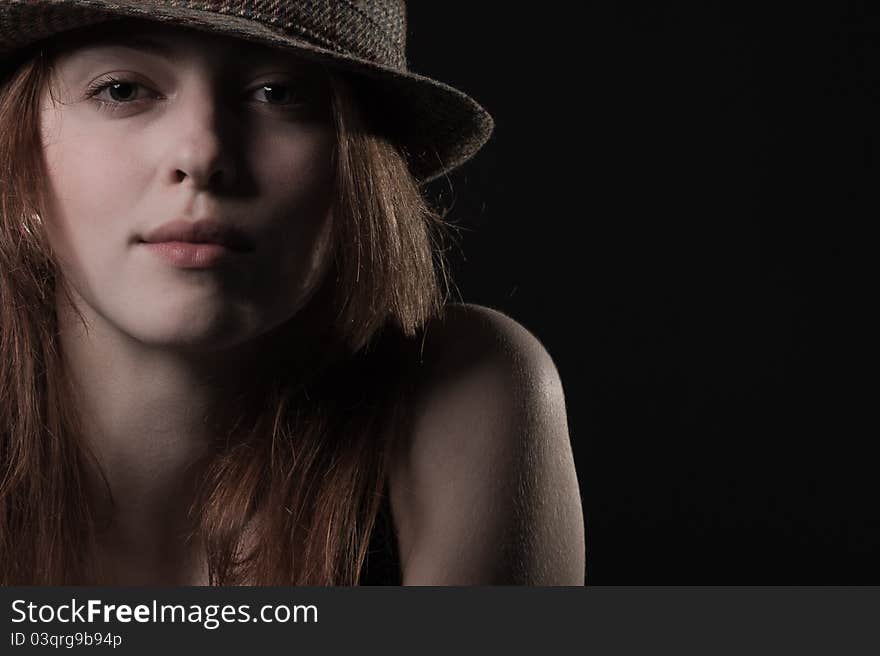 Yung Girl In Hat, Black Background