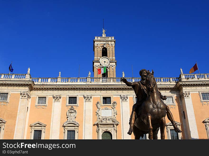 Palazzo Senatorio and statue of Marcus Aurelius, Rome, Italy. Palazzo Senatorio and statue of Marcus Aurelius, Rome, Italy