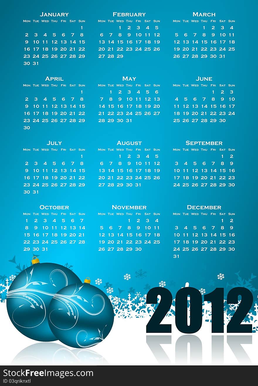 Calendar for 2012 year with christmas balls and snowflakes