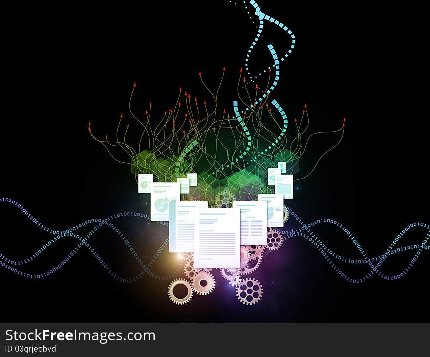 Interplay of document pages and abstract graphic elements on the subject of document processing, office, communications, information sharing and virtual reality. Interplay of document pages and abstract graphic elements on the subject of document processing, office, communications, information sharing and virtual reality